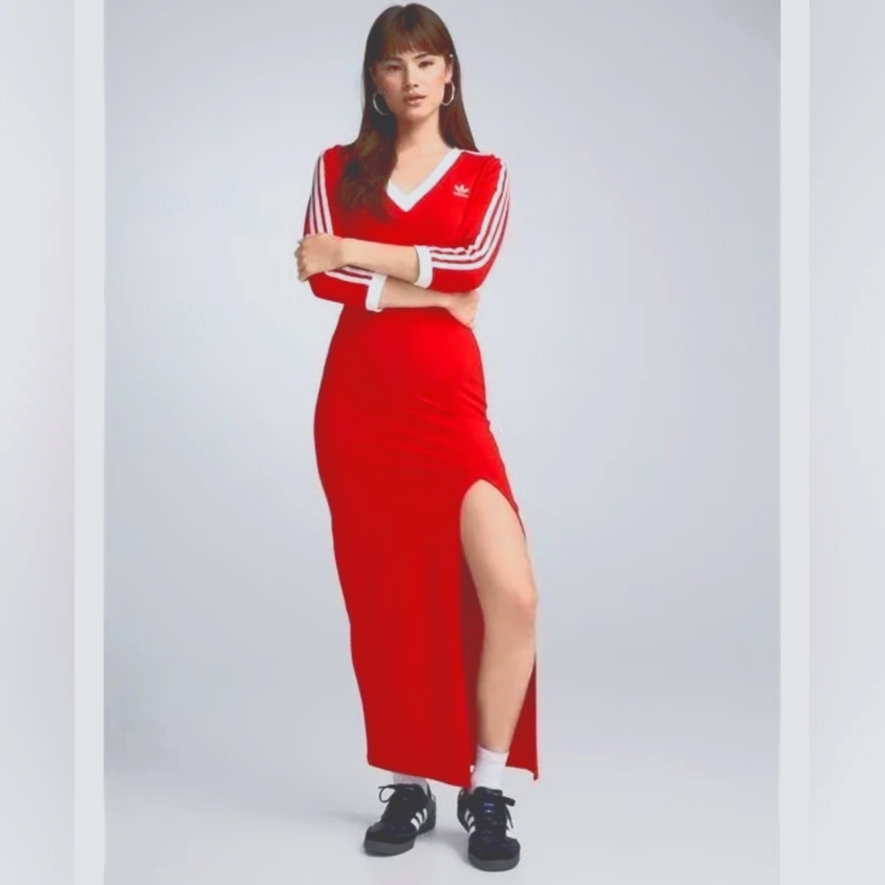 BNWT Adidas Adicolor Classics 3-Stripes Sporty Maxi Dress Red Size L